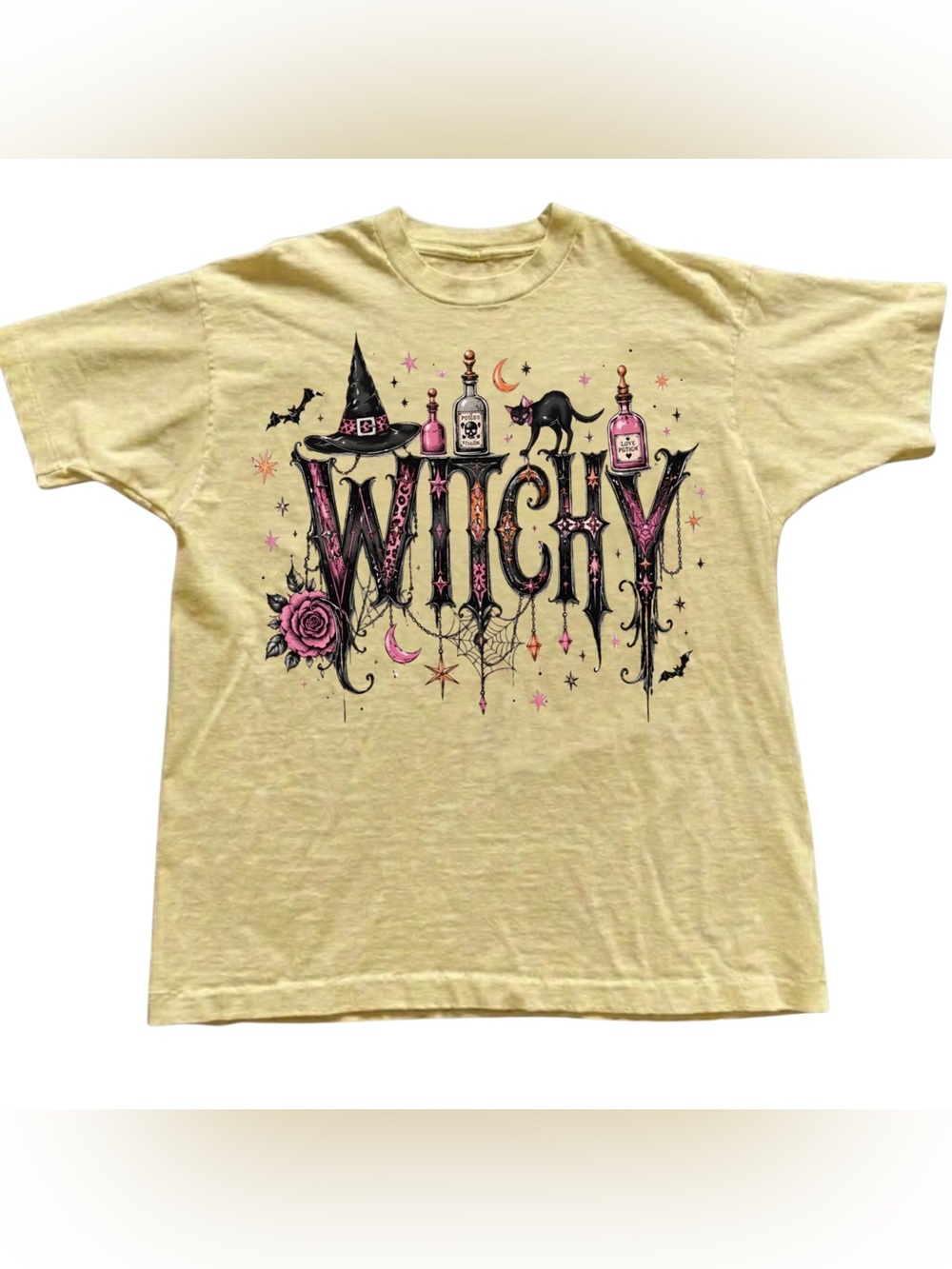 Gildan Yellow 'Witchy' Graphic Short Sleeve Tee with Pink & Black Accents